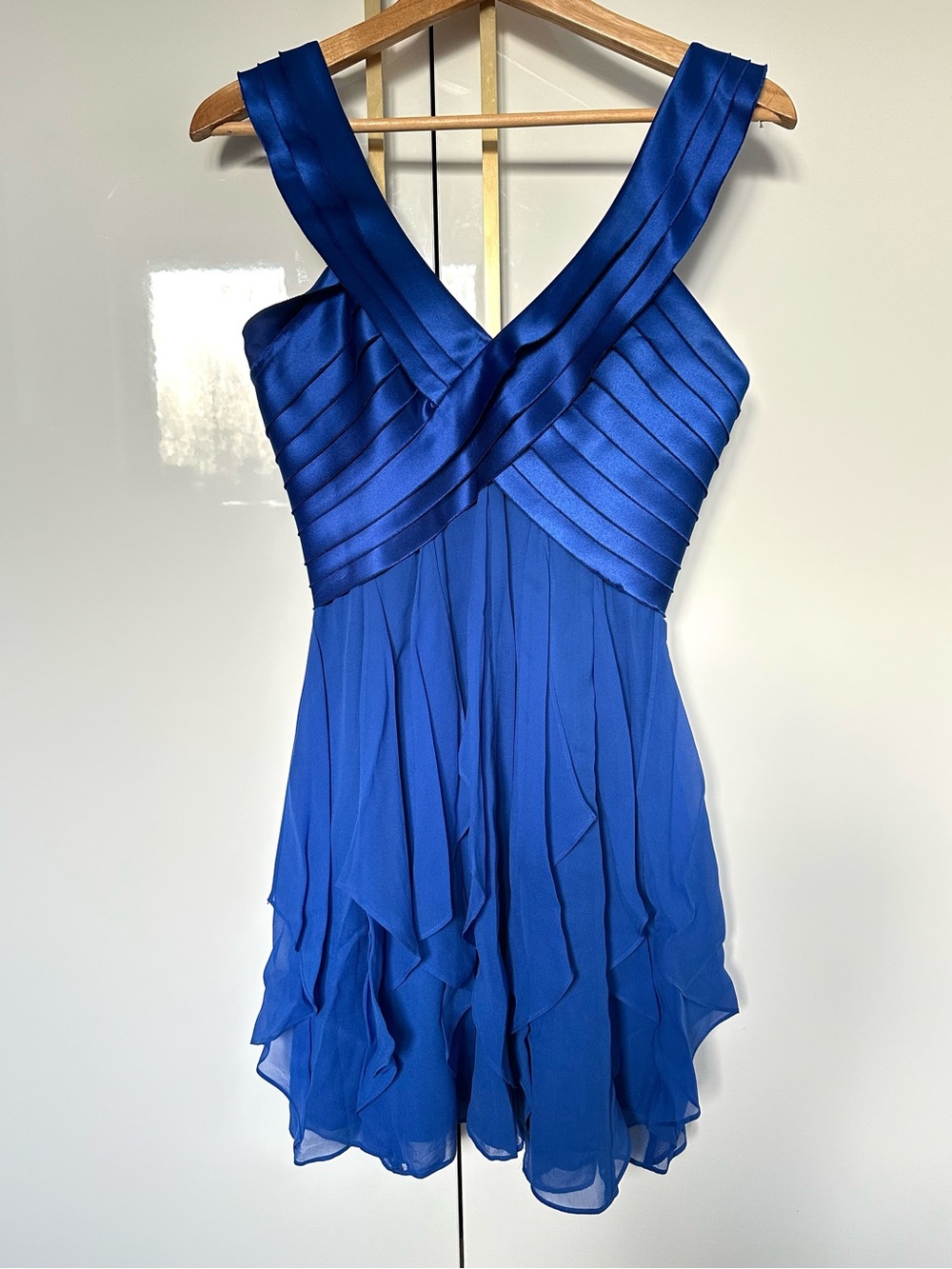 BCBG Max Azria electric blue silk and chiffon draped mini dress small